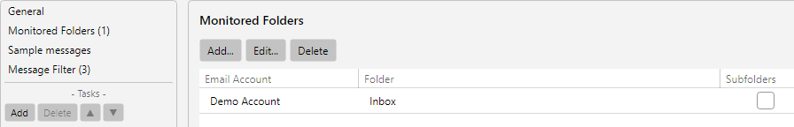 Profile settings, Monitored Folders area: list of account and folder entries with per-row subfolder switch and IMAP IDLE hint