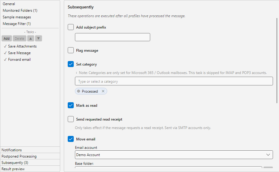 Profile settings, Post-Processing area: downstream operations like move, delete, mark, set category and subject prefix