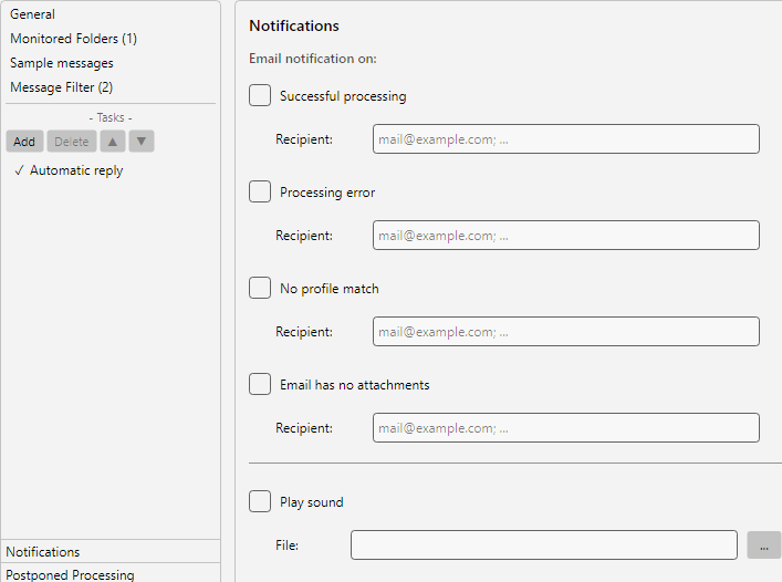 Profile settings, Notifications area: email and UI notification switches for success, error, no-match and missing attachments