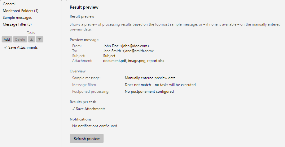 Profile settings, Result Preview area: match list for the stored sample messages with filter status per entry