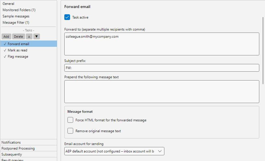 Profile settings, Forward Email task: recipient list, sending account, additional text and attachment options