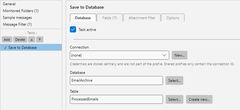Profile settings, Save to Database task: connection selection, table name and column mapping to placeholders