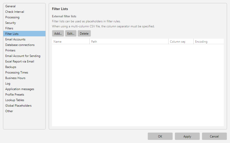 Program options, Filter Lists area: list of user-defined value lists with import/export per list