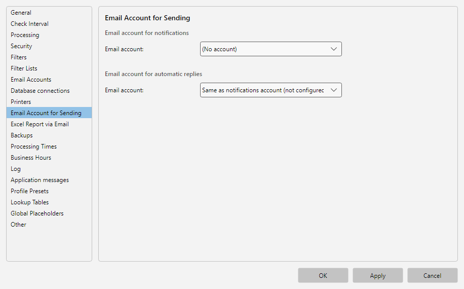 Program options, Notifications area: sending account for notification emails, global recipients and toast control