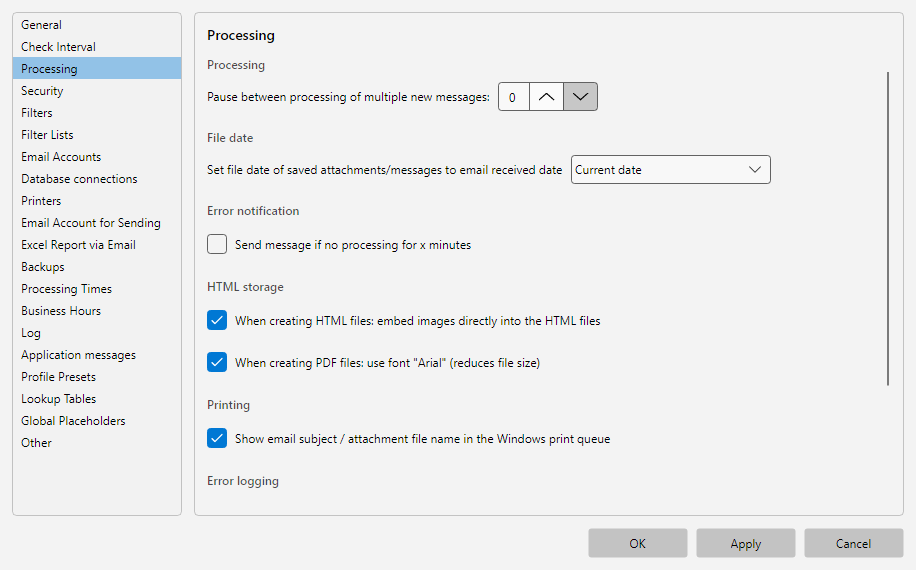 Program options, Processing area: parallelism switches, retry logic on errors and cancel behavior
