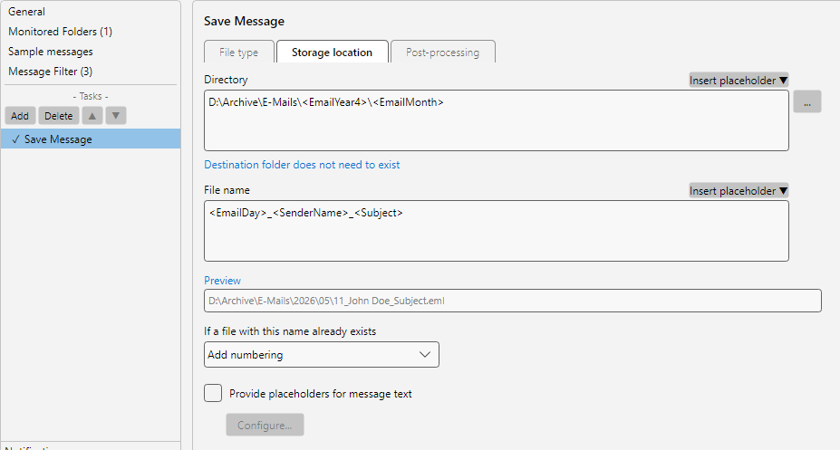 Configure storage location