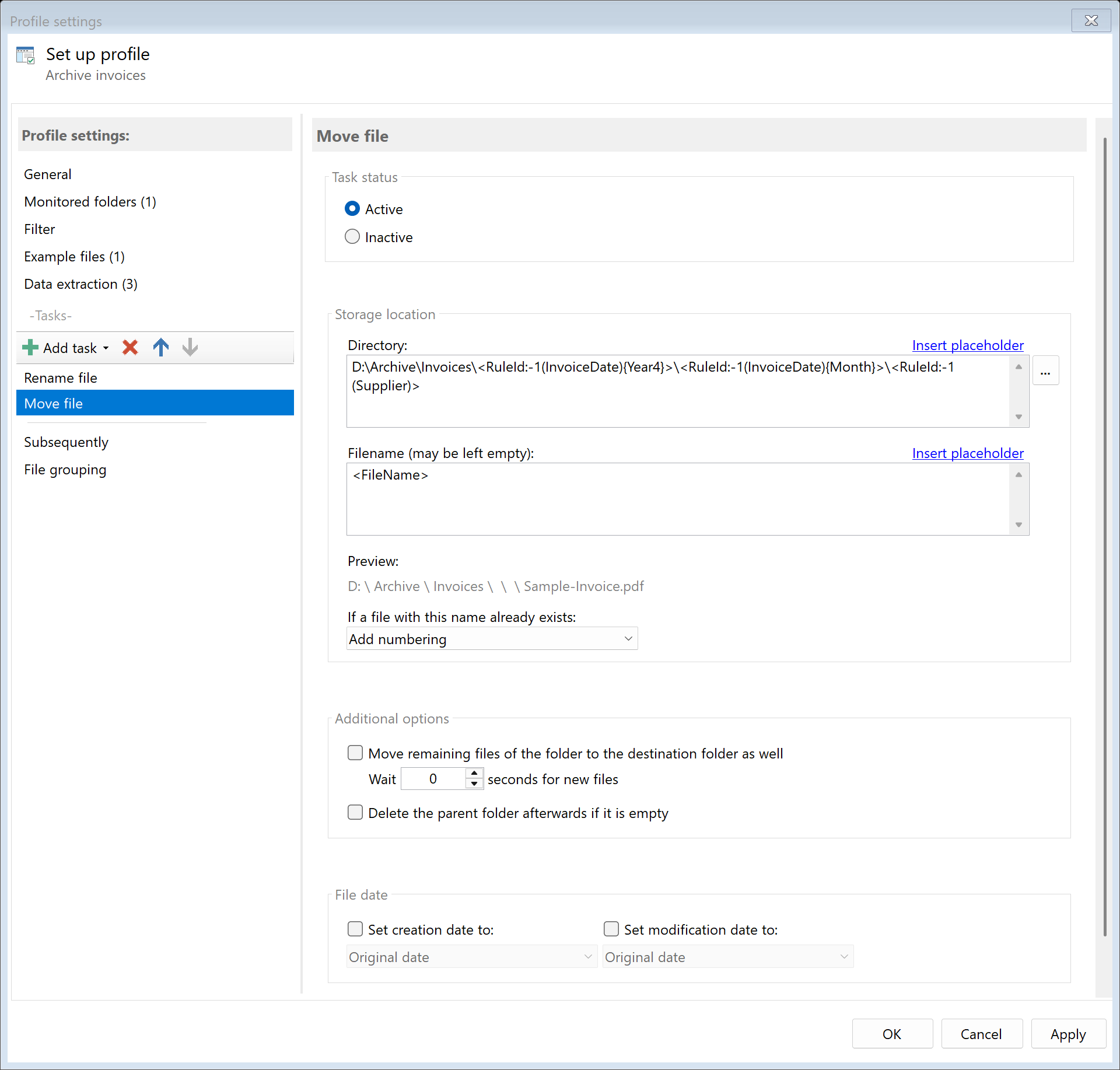Configure move task for archive structure