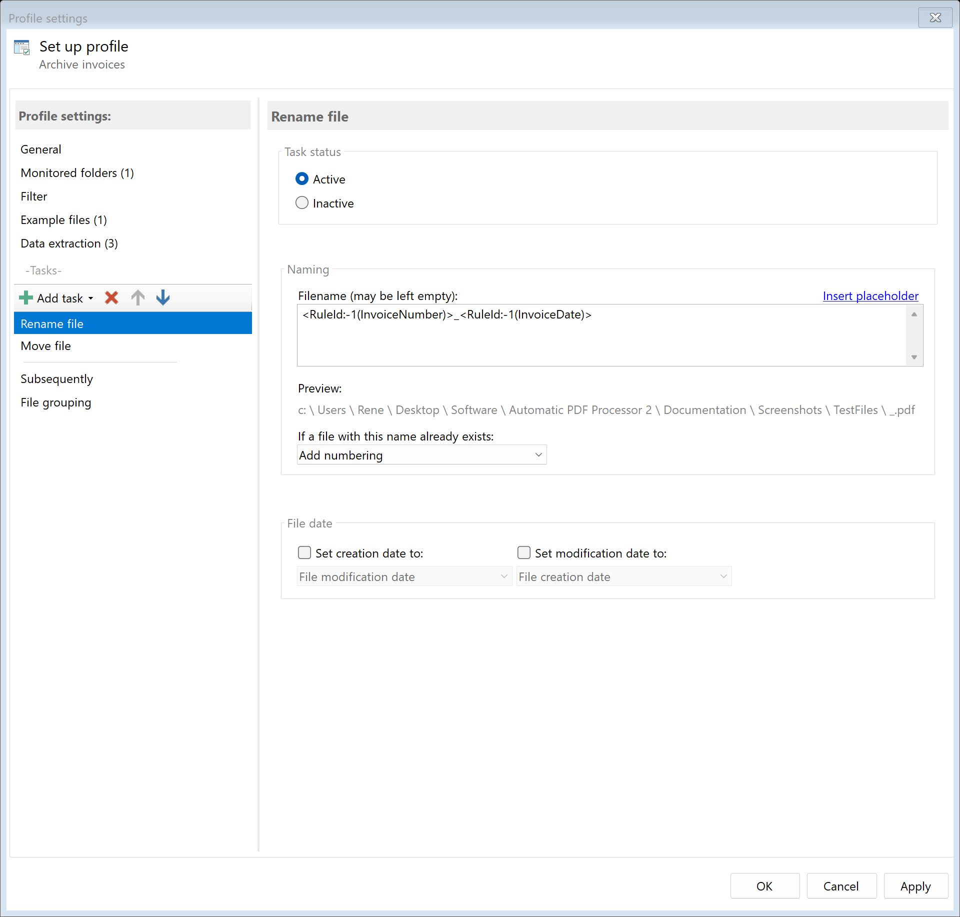 Configure rename task for invoice naming