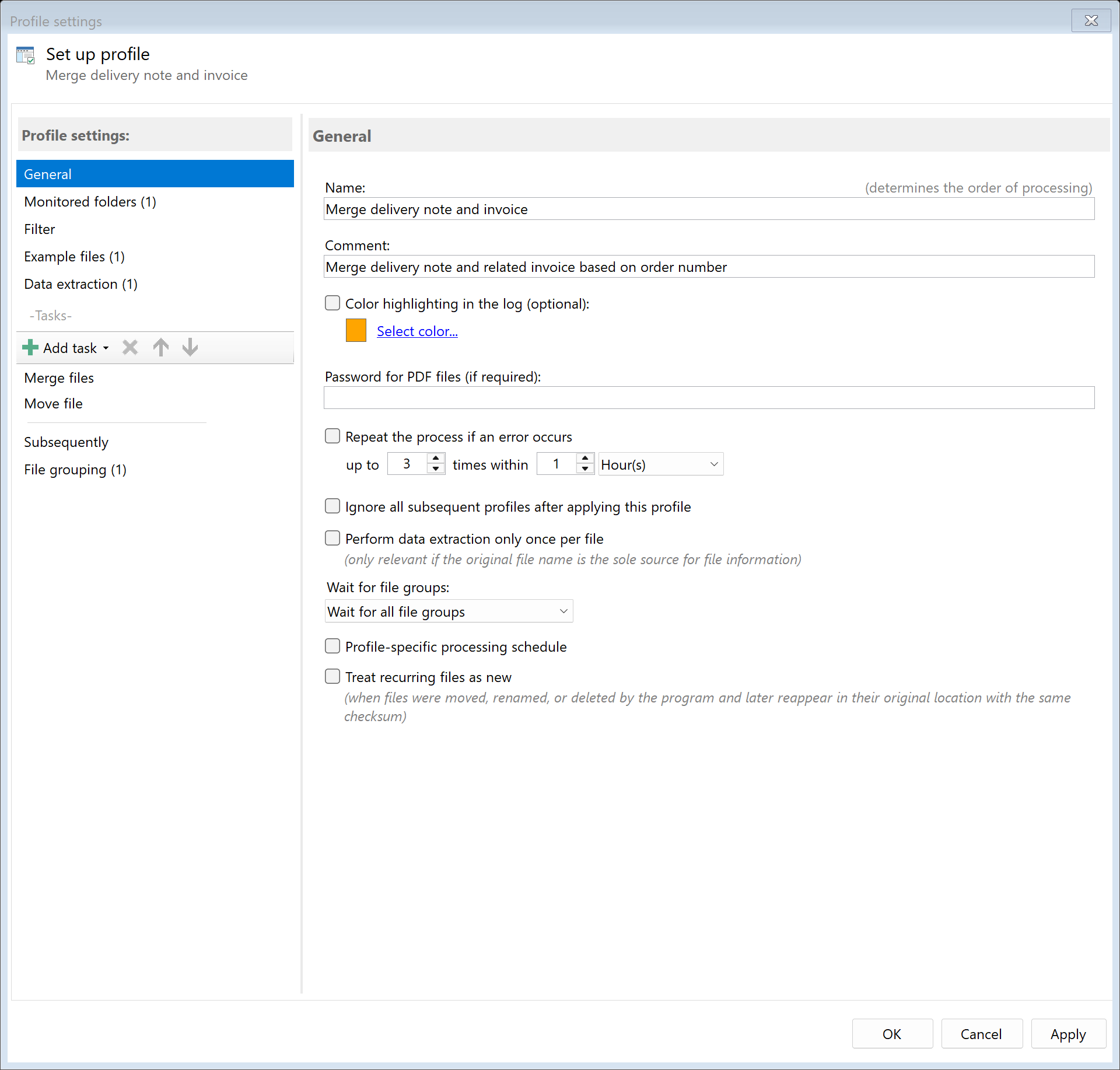 Profile settings for delivery note and invoice processing
