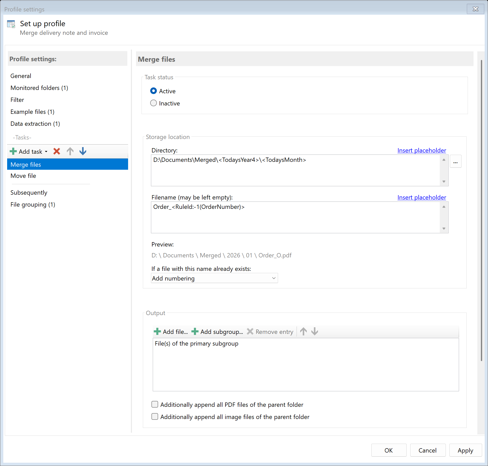 Merge task configuration