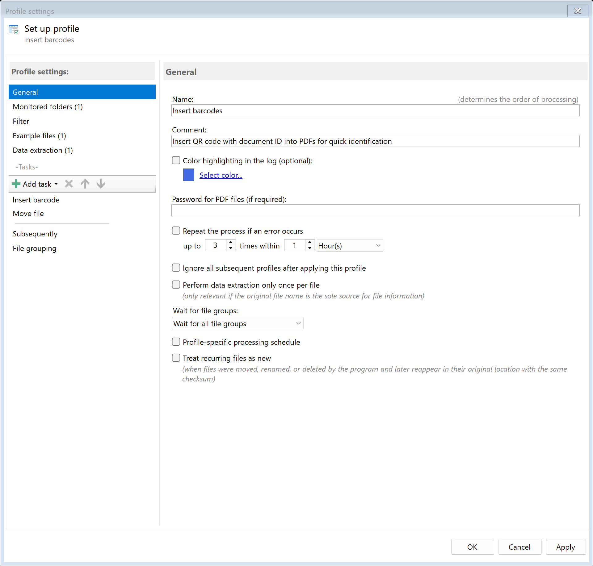 Create profile for barcode insertion