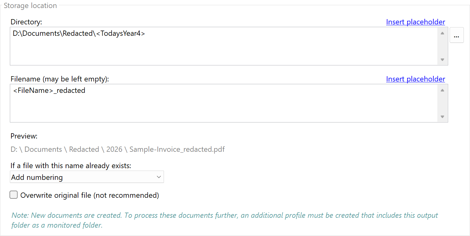 Storage location for redacted documents