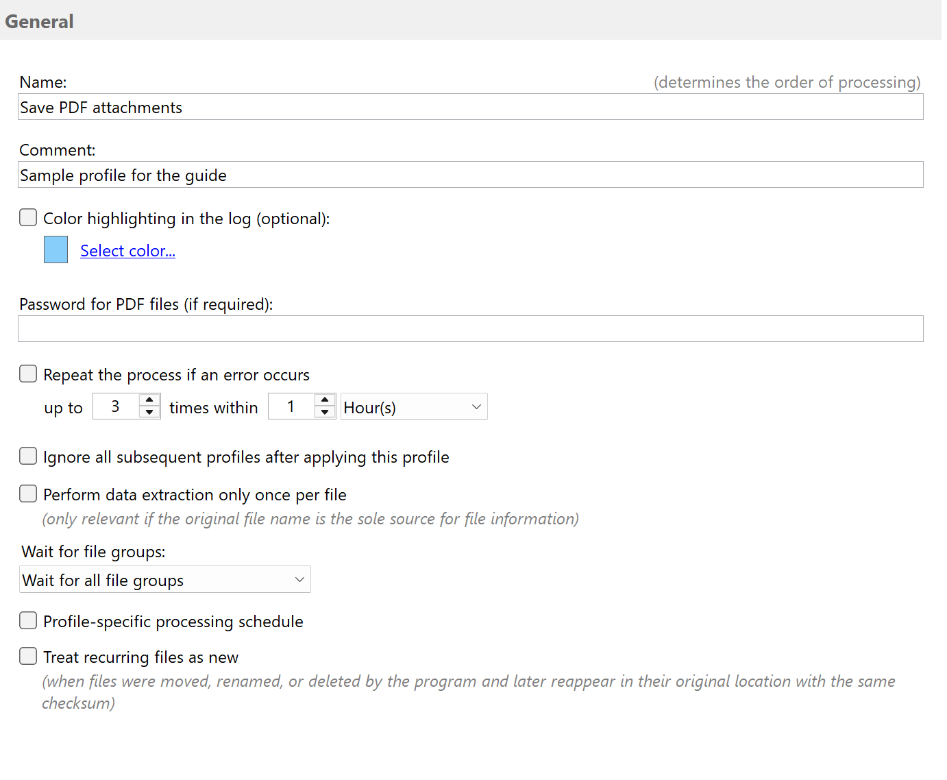 Create profile for saving PDF attachments