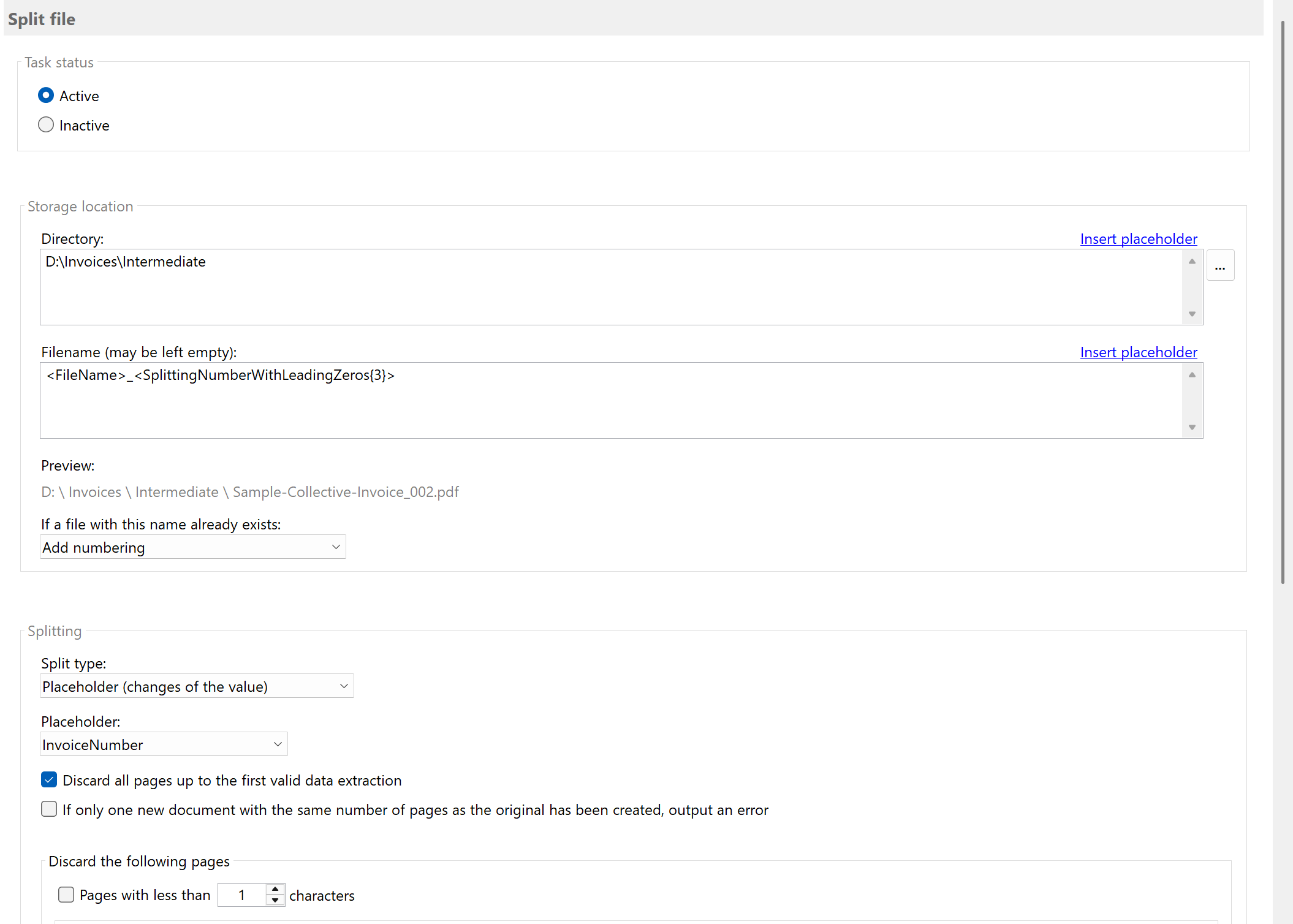 Split by placeholder (value change)