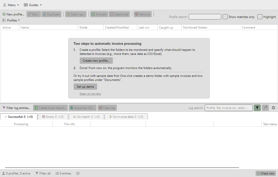 Getting-started card in the main window with an empty profile list