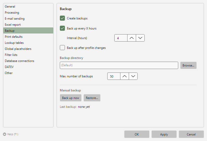 Program options, Backup page