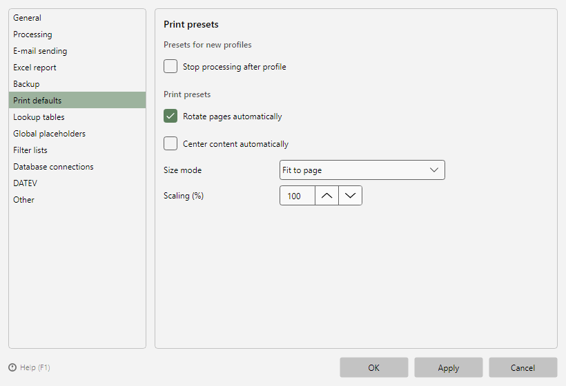 Program options, Print presets page