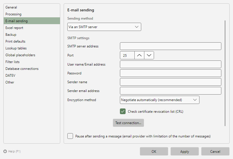 Program options, E-mail sending page