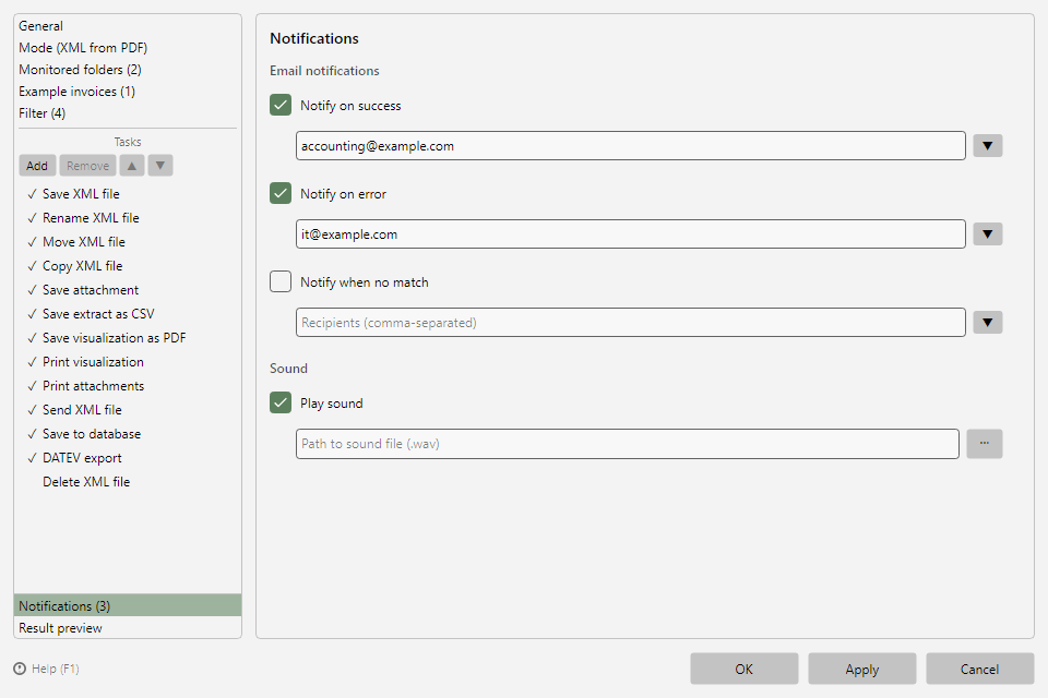 Profile settings, Notifications area with email notifications and sound