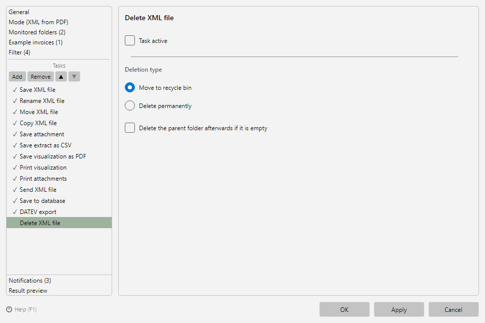 Delete file task with deletion type and parent folder option