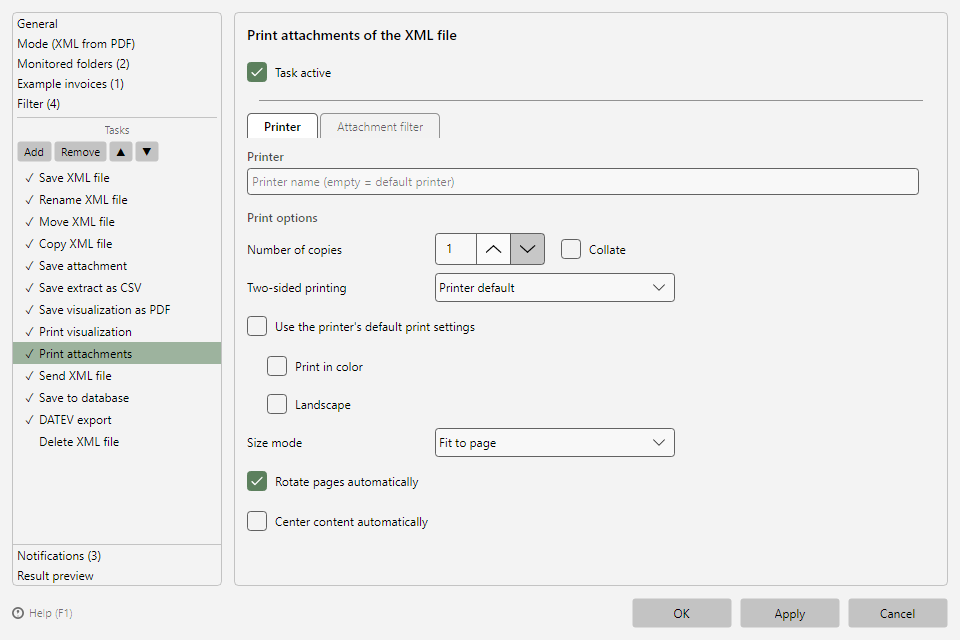 Print attachments task with printer and attachments tab