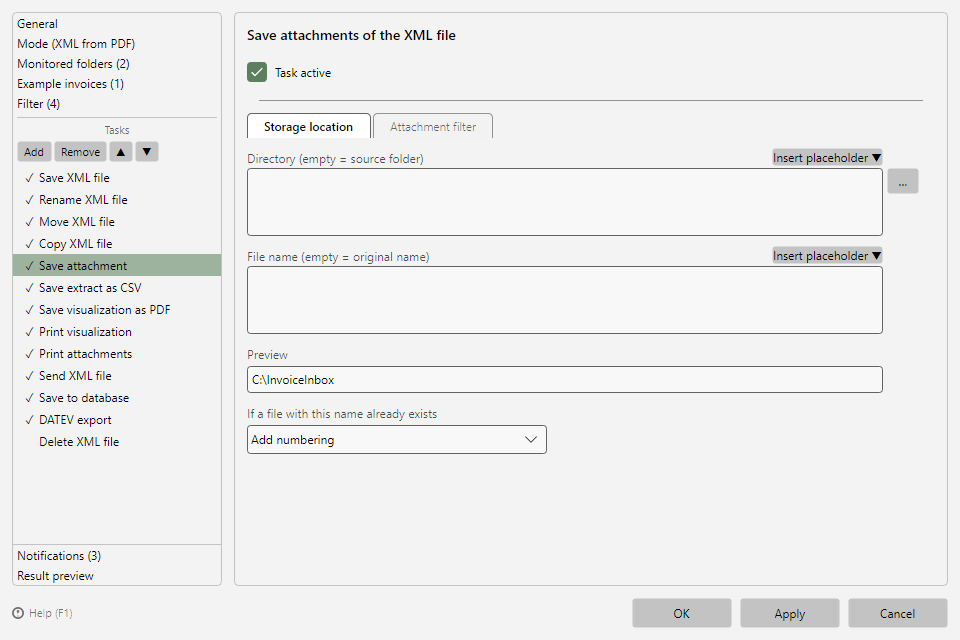 Save attachment task with storage location and attachments tab