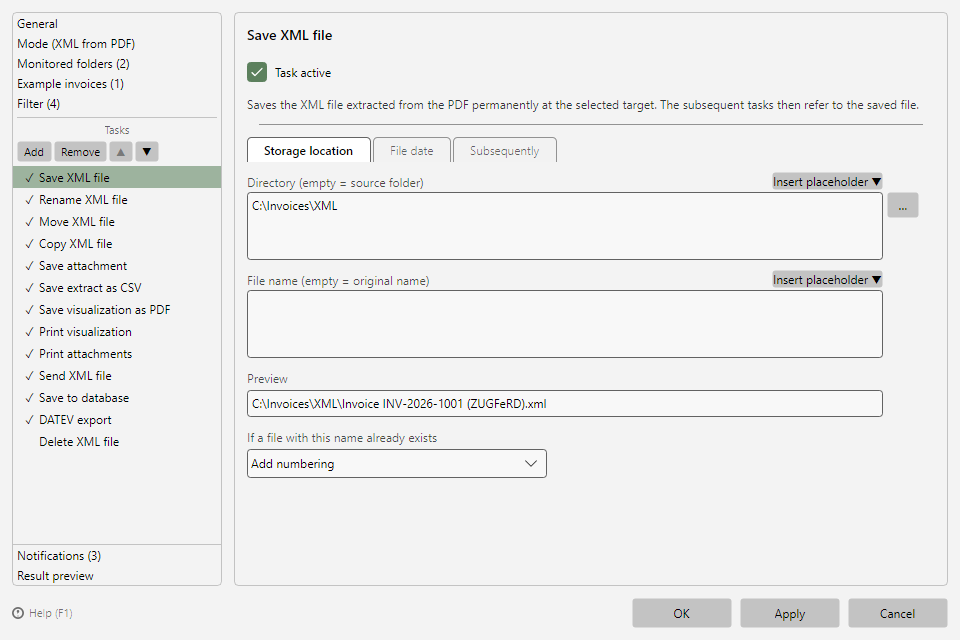 Save XML file task with the Storage location, File date, and Subsequently tabs