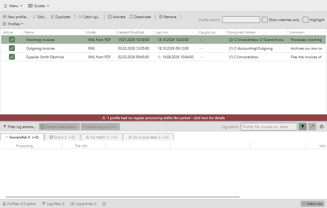 Main window with profile toolbar, profile list, log toolbar, log list, and status bar