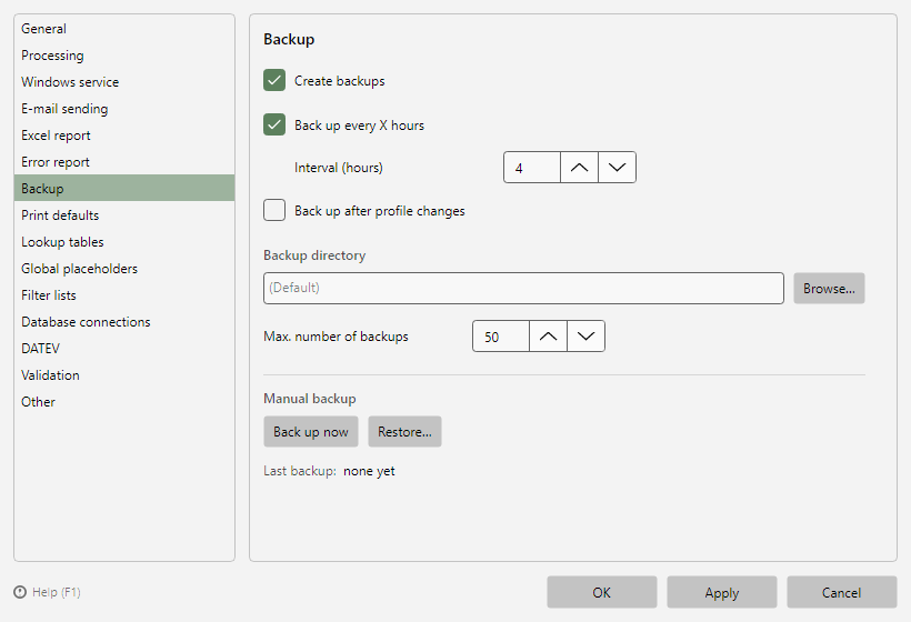 Program options, Backup page