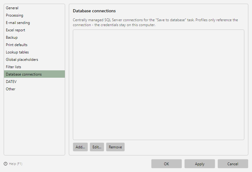 Program options, Database connections page