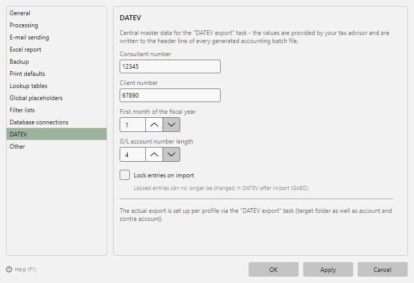 Program options, DATEV page