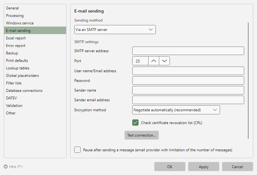Program options, E-mail sending page