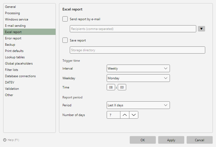 Program options, Excel report page