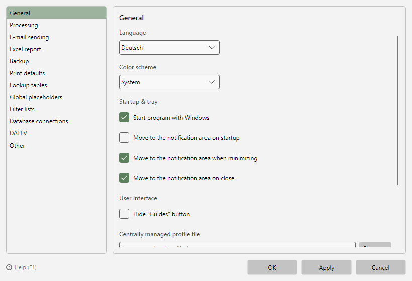 Program options, General page with startup and notification area options