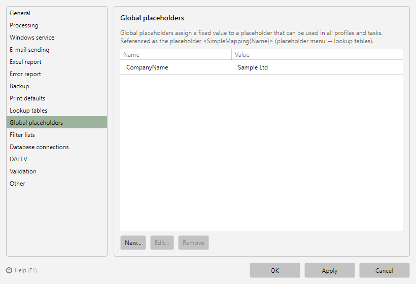 Program options, Global placeholders page