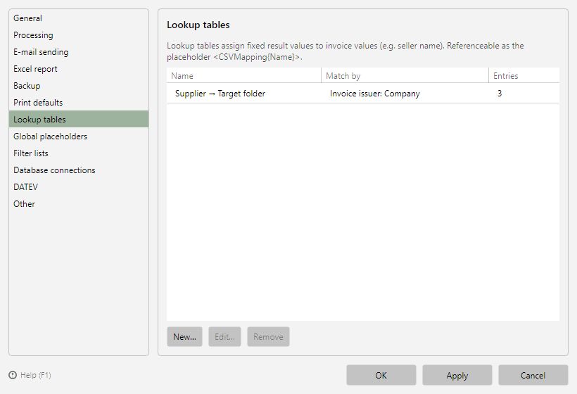Program options, Lookup tables page