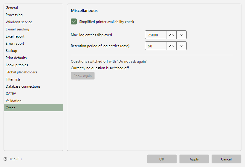 Program options, Other page