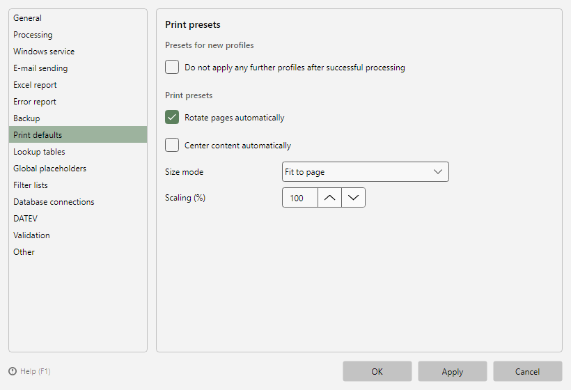 Program options, Print defaults page