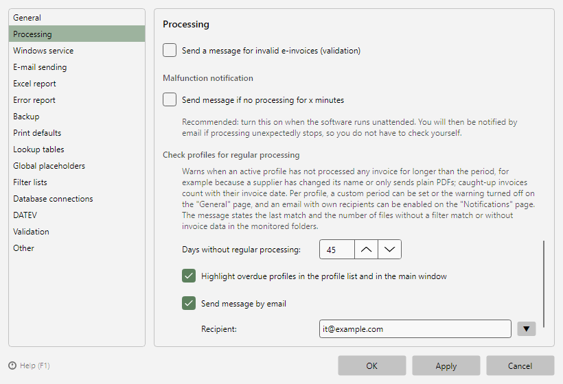Program options, Processing page, section "Check profiles for regular processing"