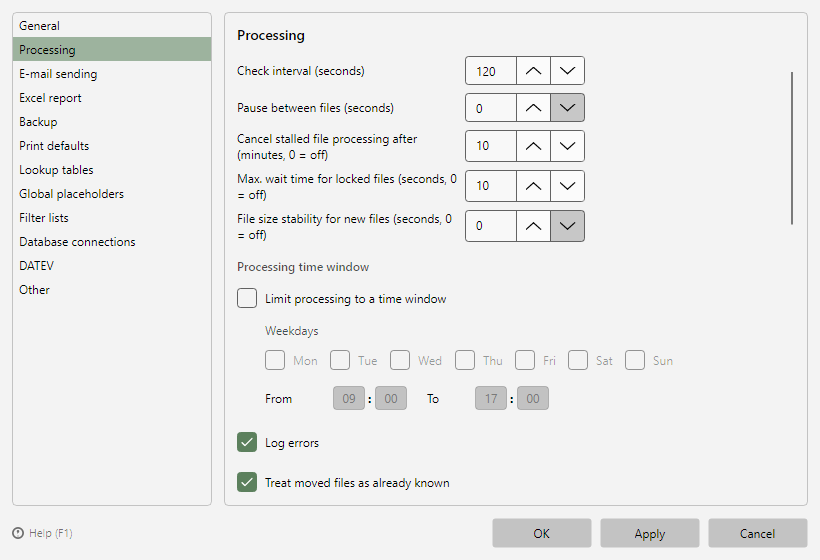 Program options, Processing page
