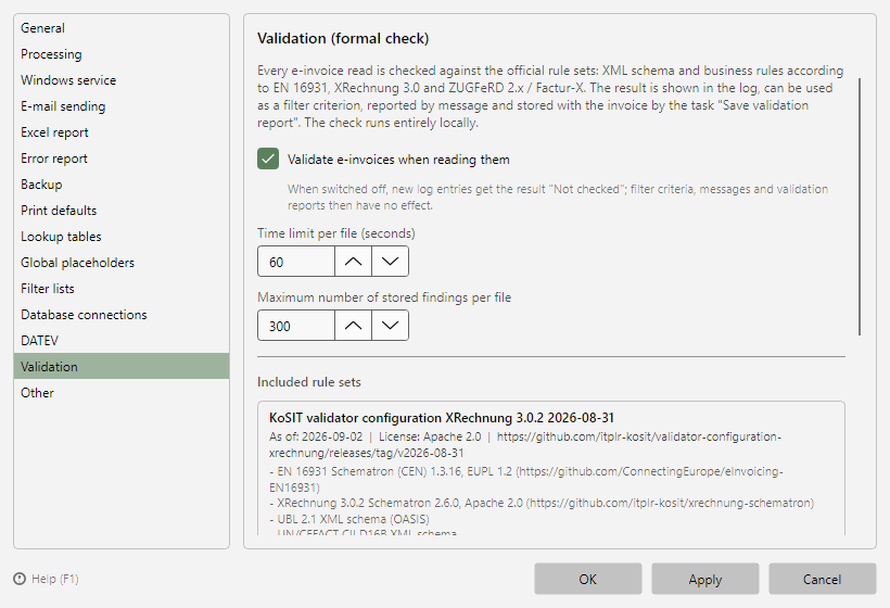 Program options, Validation page with switch, limits, and rule sets