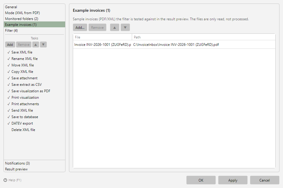 Profile settings, Example invoices area