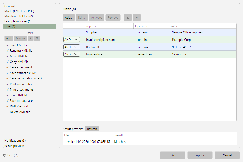 Profile settings, Filter area