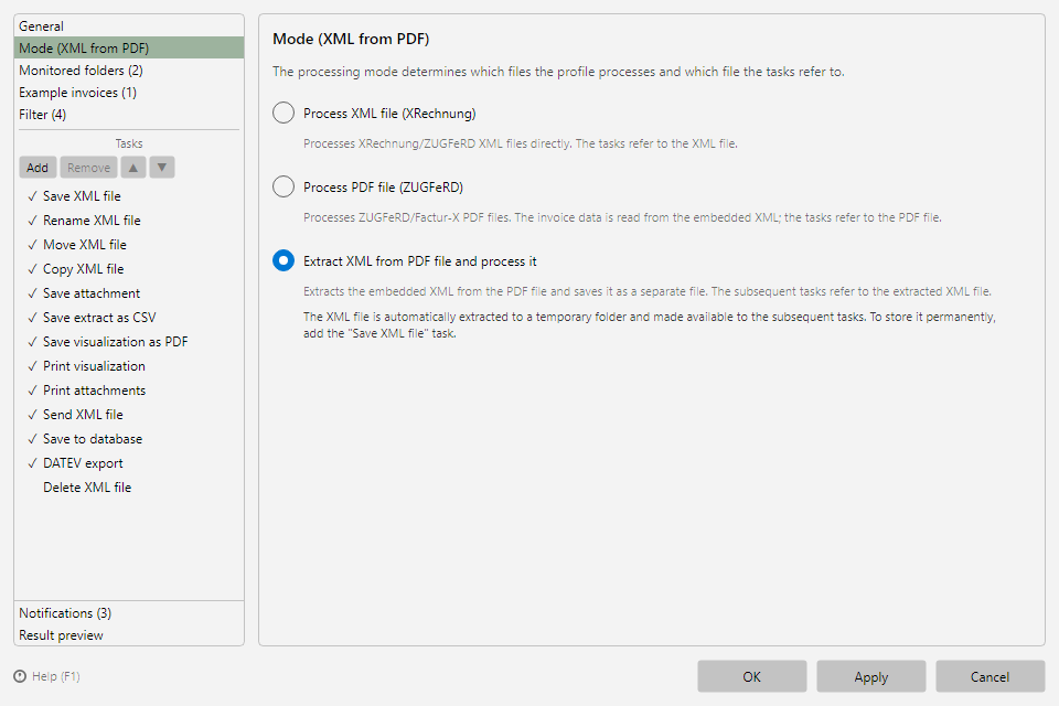 Profile settings, Mode area with the three processing modes