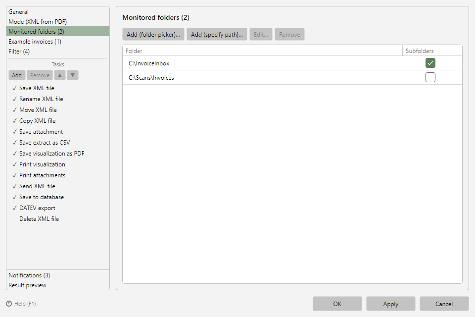 Profile settings, Monitored folders area