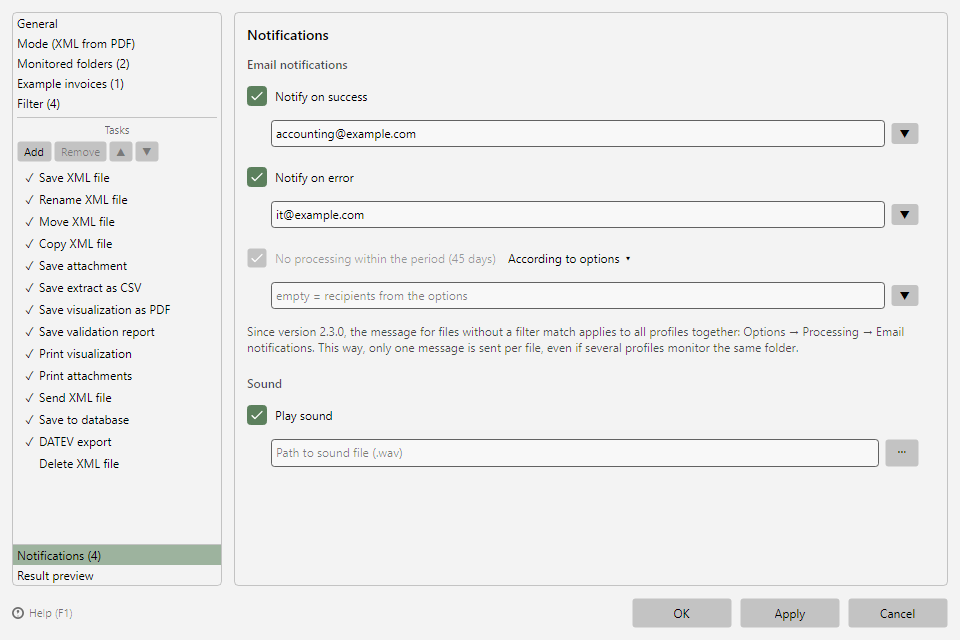 Profile settings, Notifications area with email notifications and sound