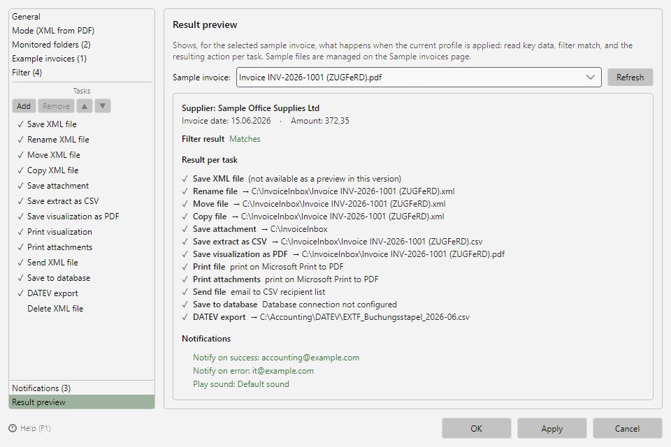 Profile settings, Result preview area