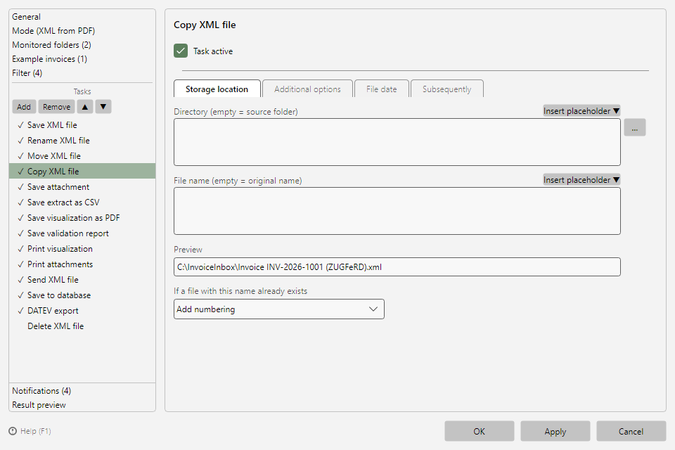 Copy file task with storage location tab
