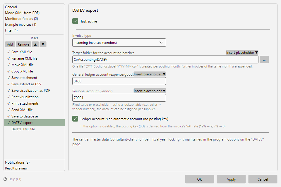 DATEV export task with invoice type, target folder and account fields