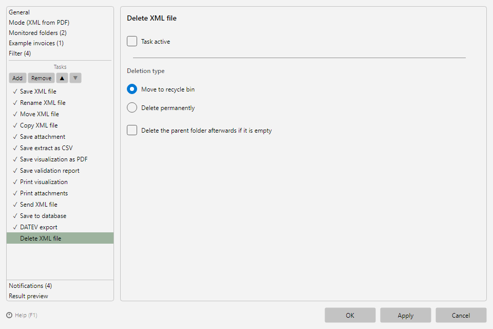 Delete file task with deletion type and parent folder option